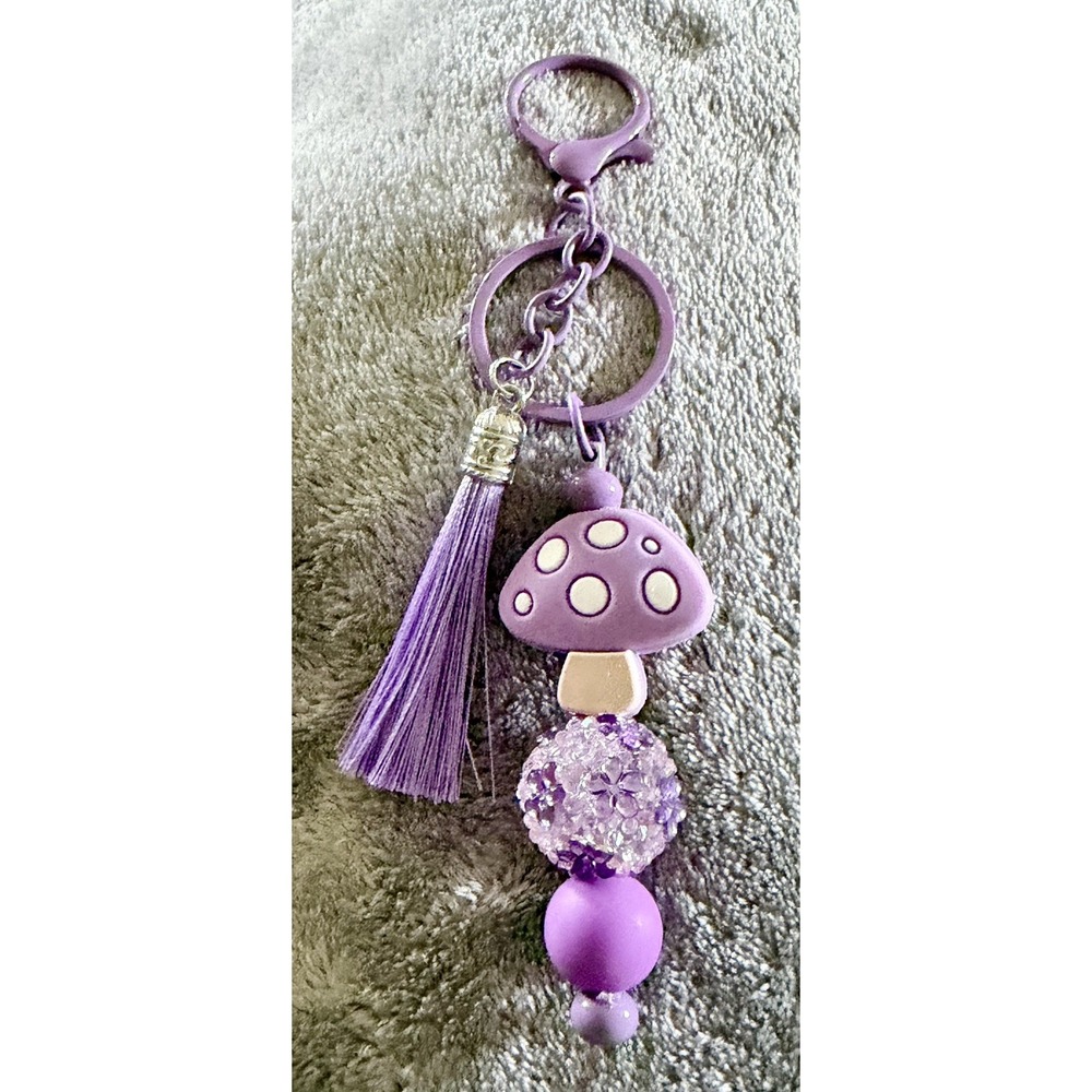 Silicone Focal Beadable Keychain - Purple Mushroom with tassel